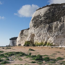 Looking from sand level at people walking with dog along beach and chalk cliffs in the background